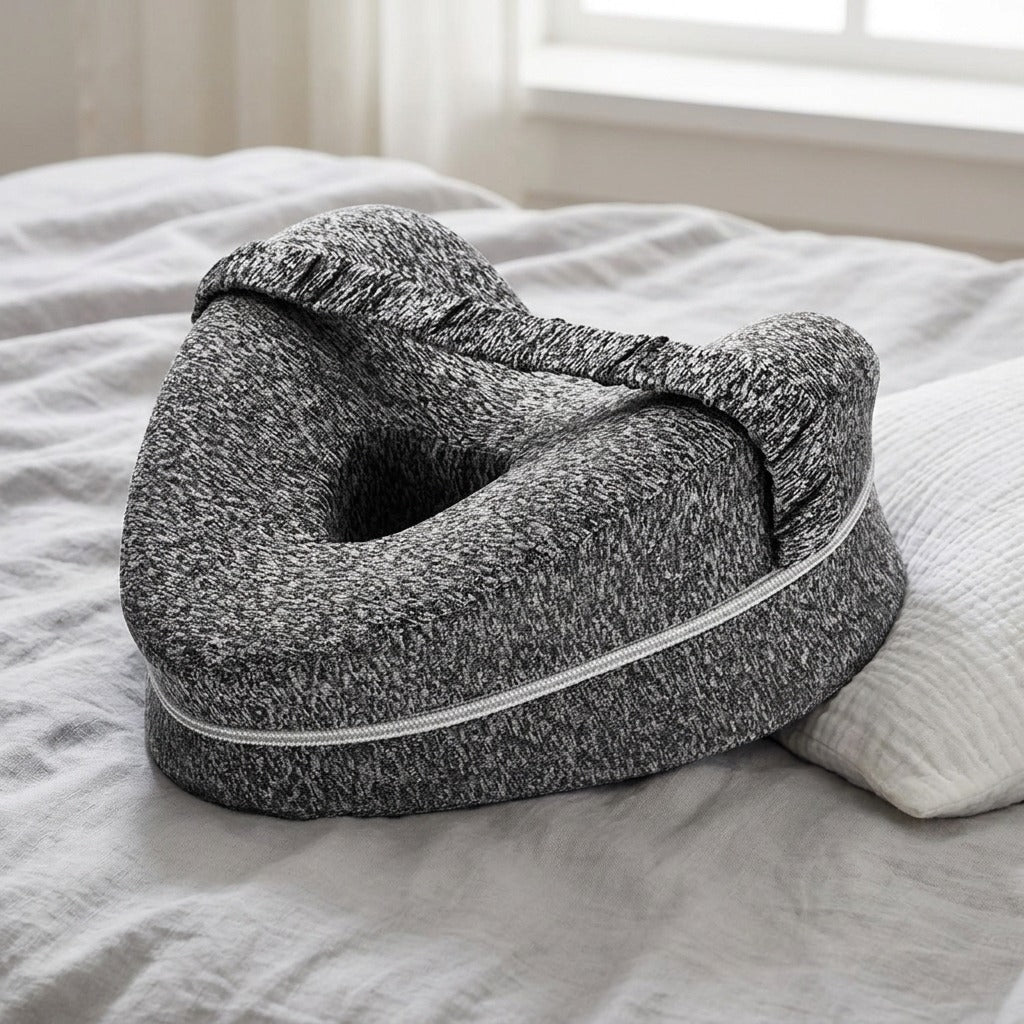 Gray SideAlign knee pillow with its elastic strap, resting on a bed next to a pillow