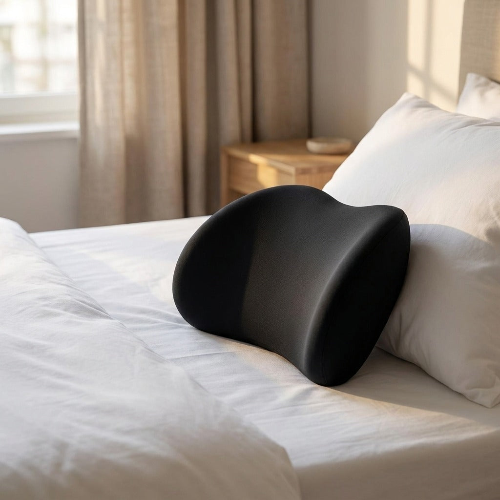 NightArc lumbar pillow resting on a bed in front of white pillows