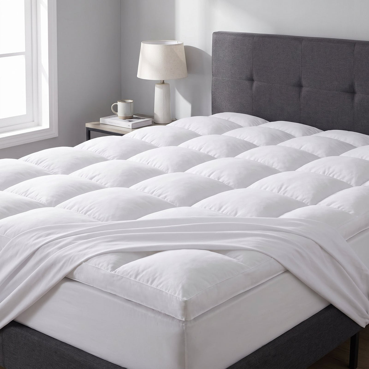 White CloudQuilt pillow-top mattress topper on a bed, sheet pulled back to show the quilted layer