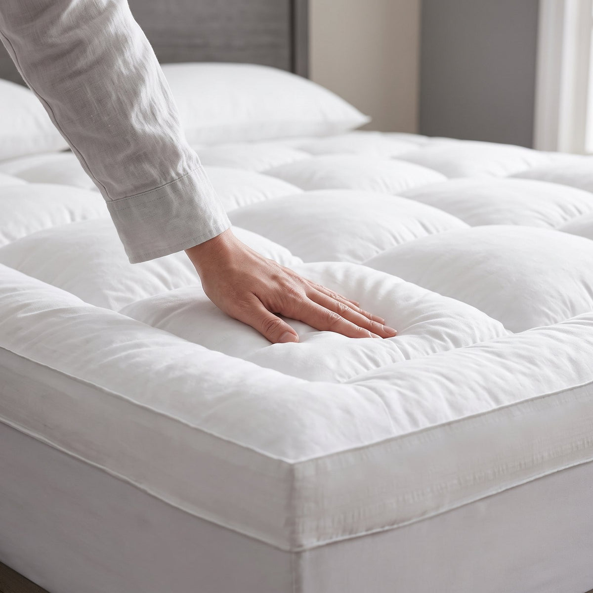 Hand pressing into the plush quilted surface of the white CloudQuilt mattress topper