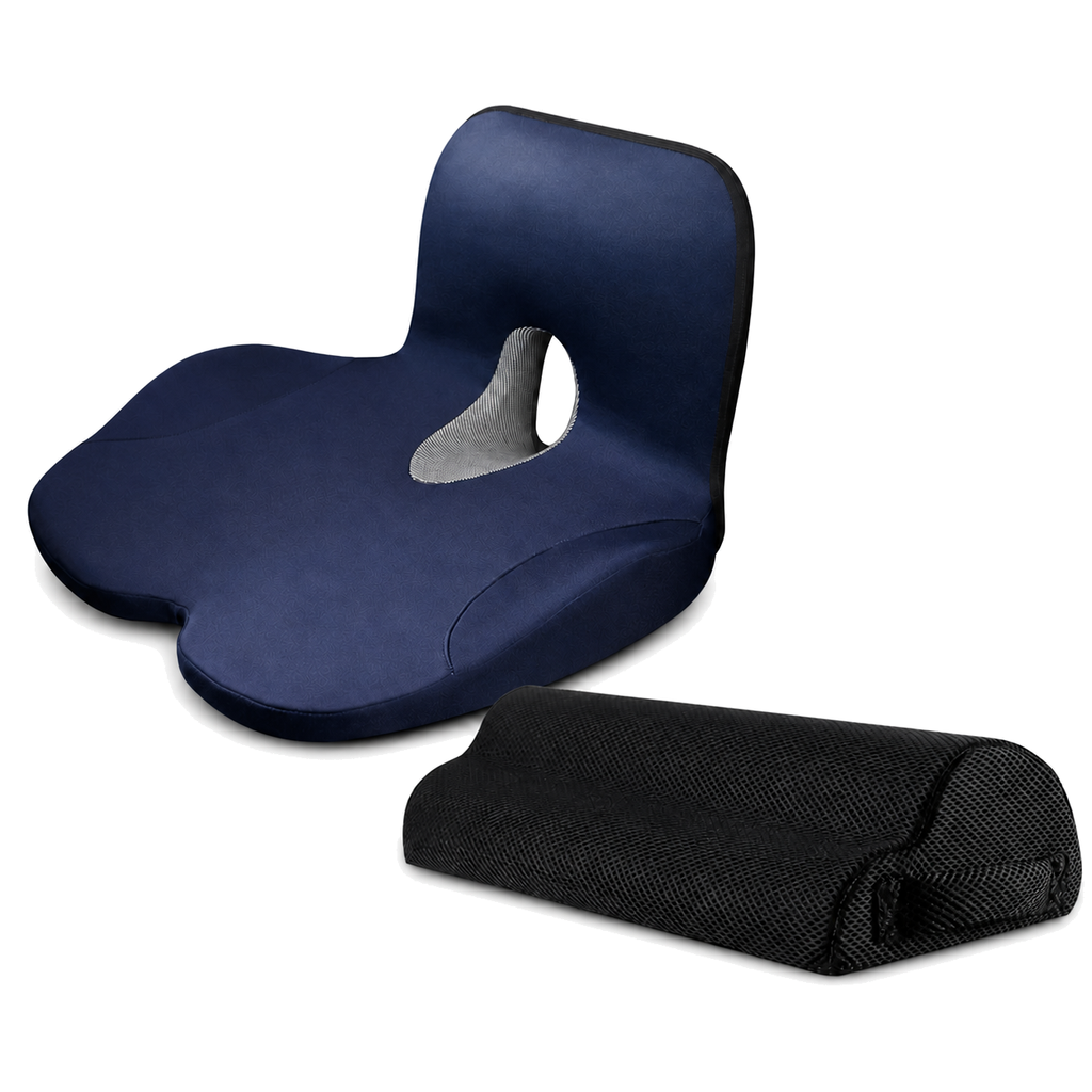 CUSHEAL Complete Chair-Fit System with navy integrated seat-and-back cushion and black under-desk footrest