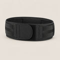 Black back support belt with front hook-and-loop flap on a light background