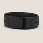 Black back support belt with front hook-and-loop flap on a light background