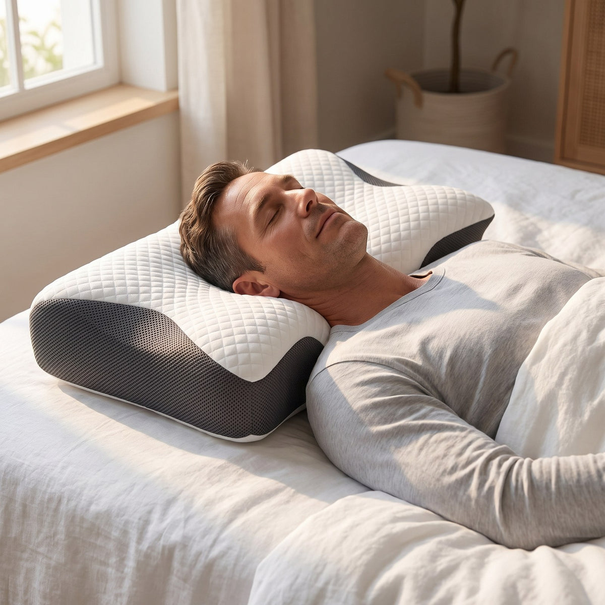 Man sleeping on his back with his head in the center hollow of the CerviZen contour pillow