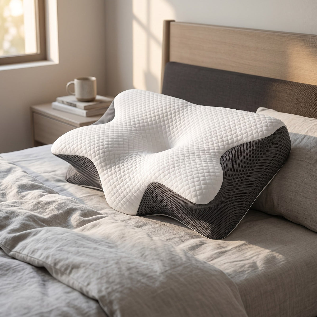 CerviZen contour pillow on a made bed with light gray linen
