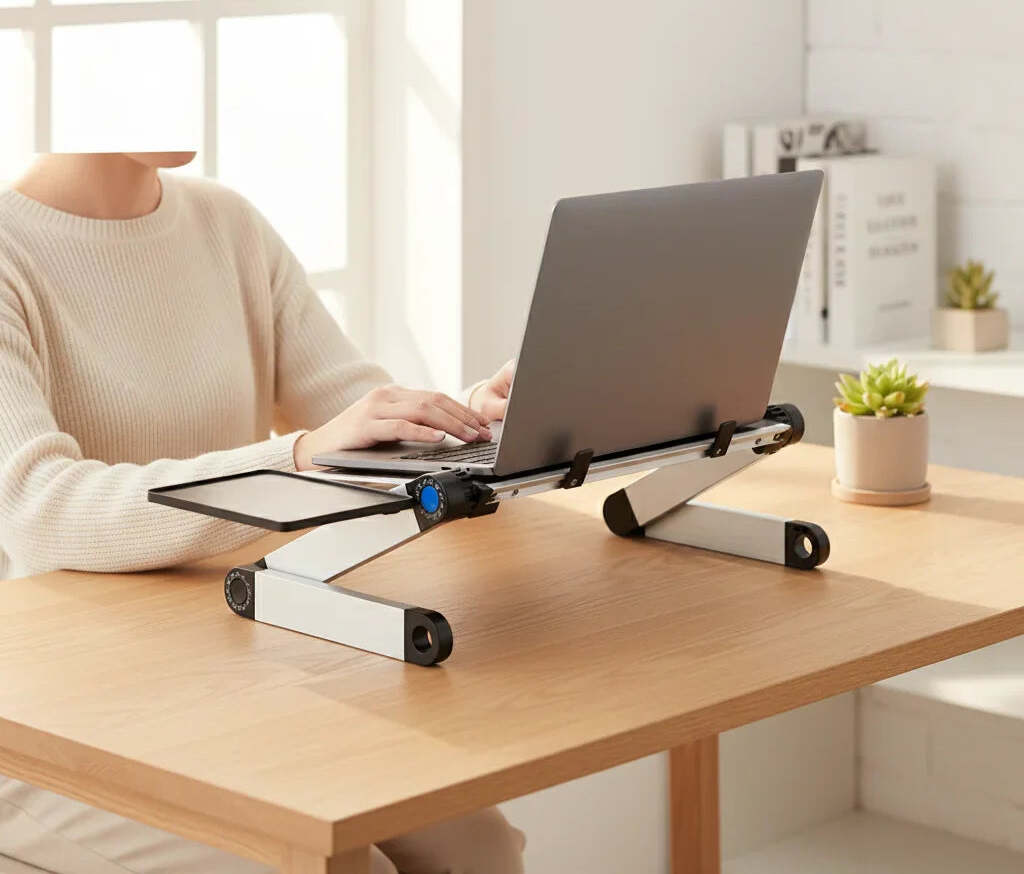 Person using the DeskRise laptop stand raised to eye level at a home-office desk