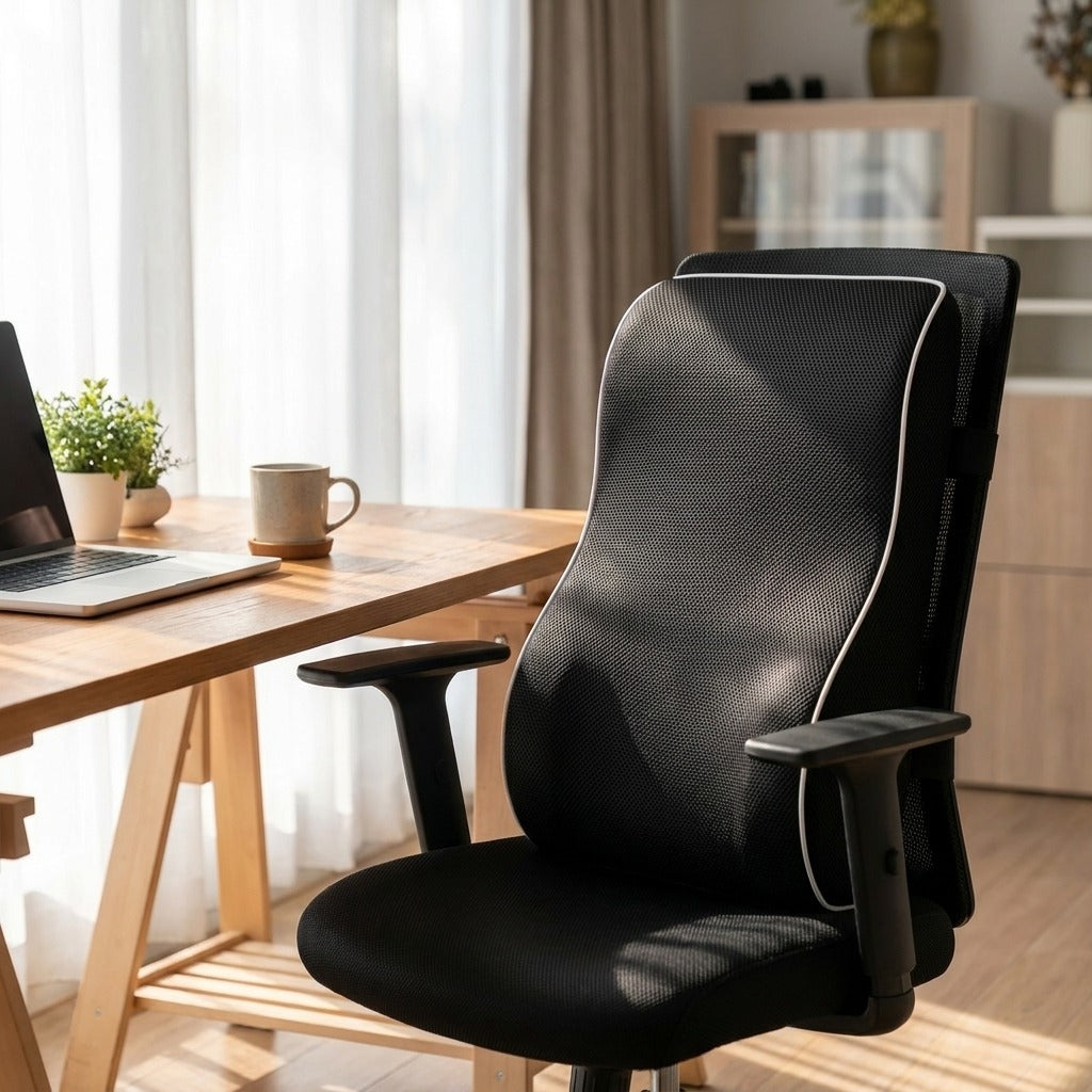 ErgoBack lumbar cushion strapped to an office chair