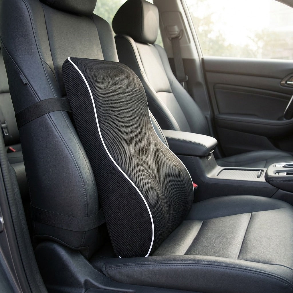 ErgoBack lumbar cushion strapped to a car seat