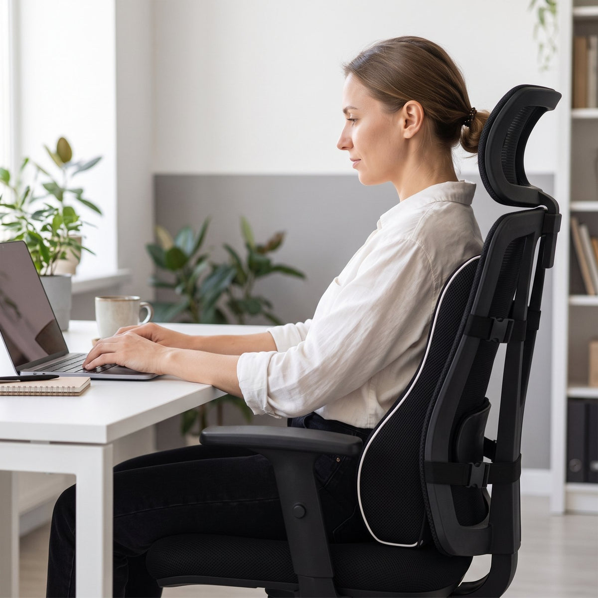 Woman working at a desk with the black ErgoBack lumbar pillow strapped behind her lower back