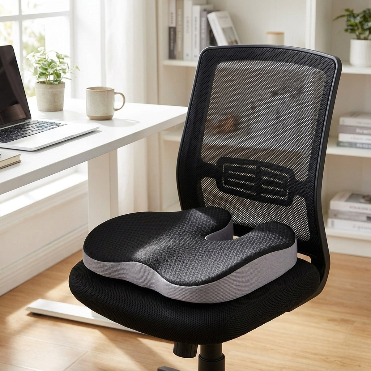 ErgoDrive seat cushion on a black mesh office chair, cutout against the chair back