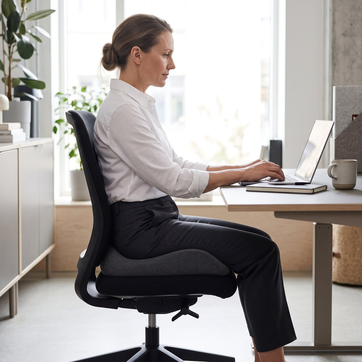 Woman sitting upright on the dark gray ErgoPro seat cushion on a black office chair, working on a laptop