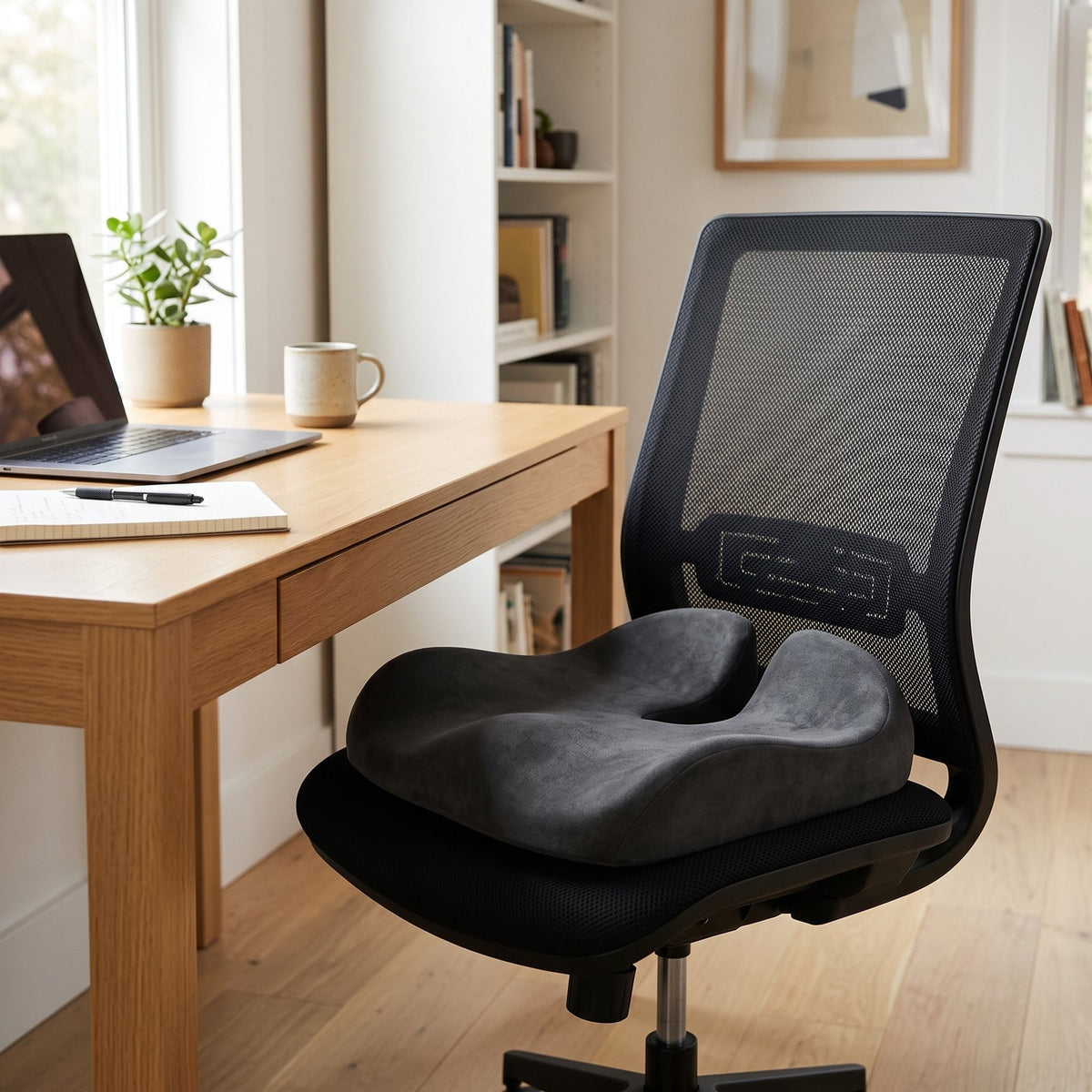 Dark gray ErgoPro contoured seat cushion on a black mesh office chair, cutout toward the backrest