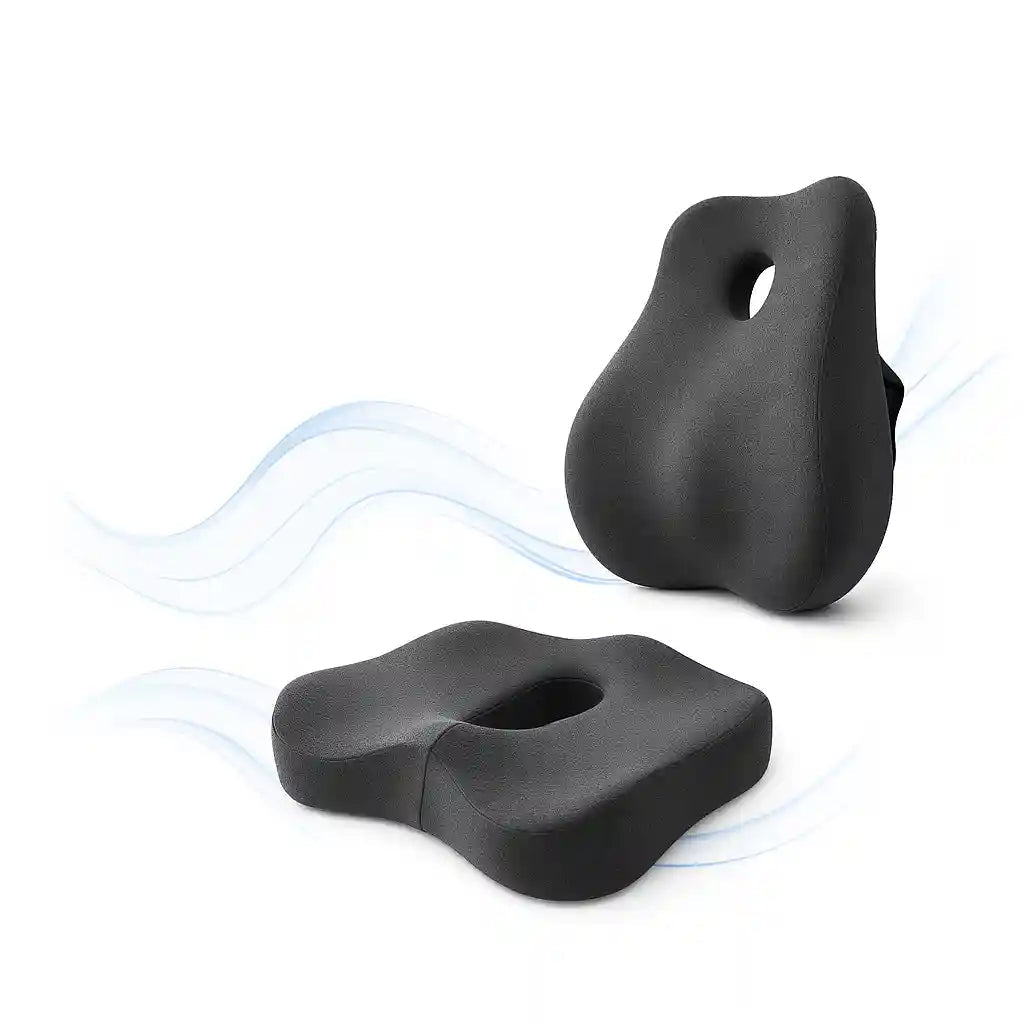 ErgoCore lumbar support pillow adjustable straps and breathable mesh cover detail