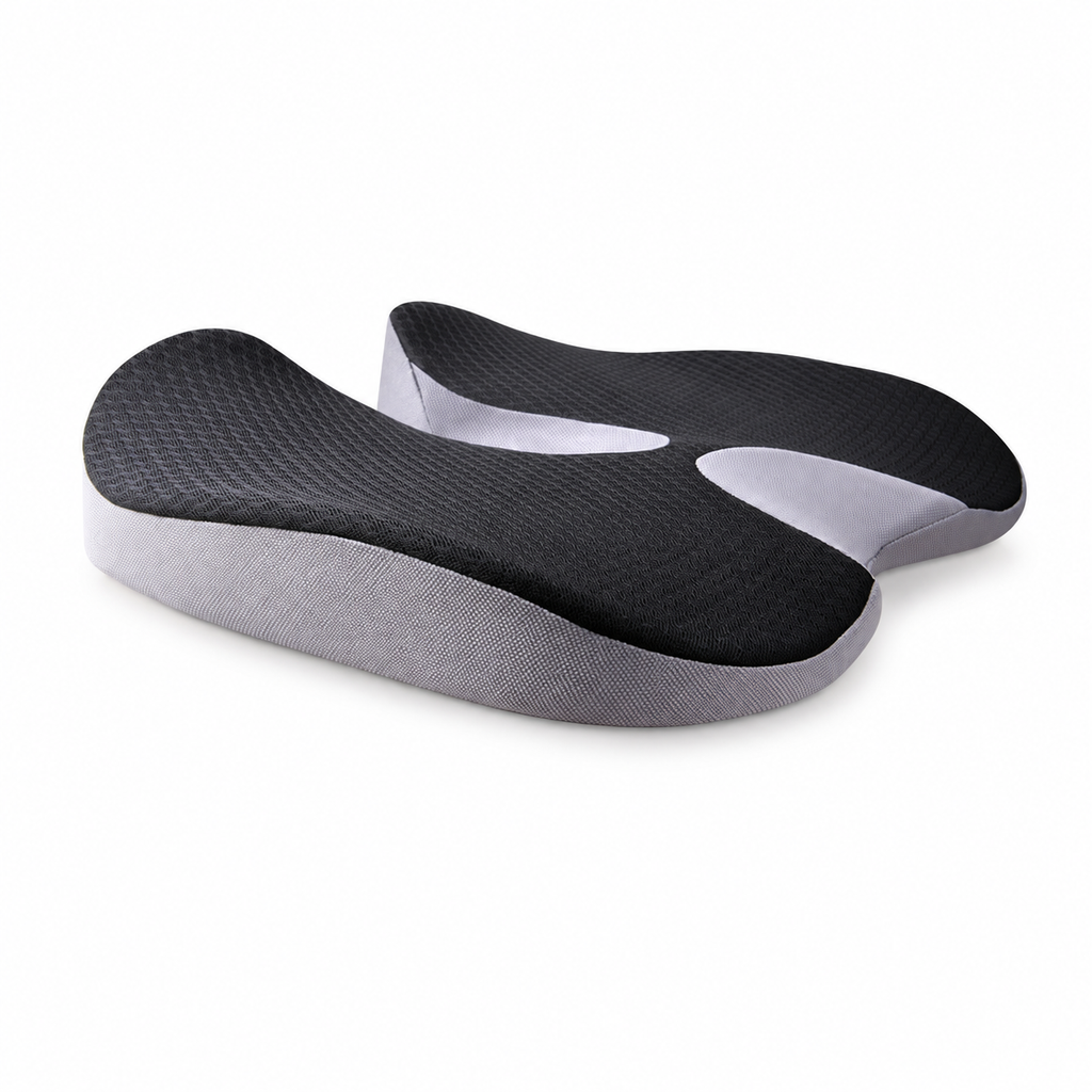 ErgoDrive inclined seat cushion, black top and light gray sides, angled view