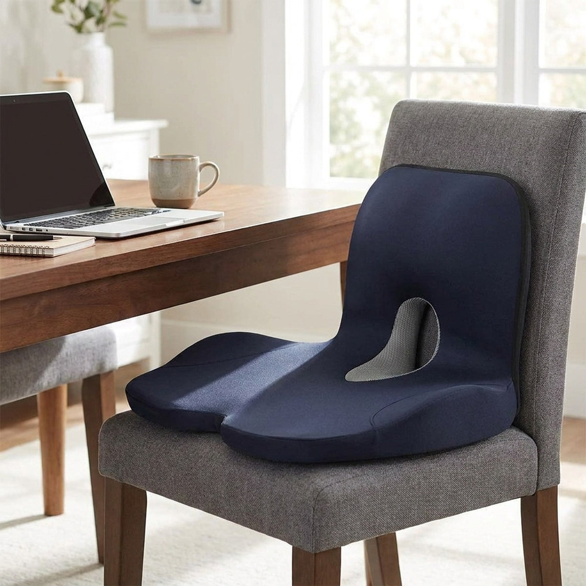 Navy ErgoWrap cushion on an upholstered dining chair used at a desk