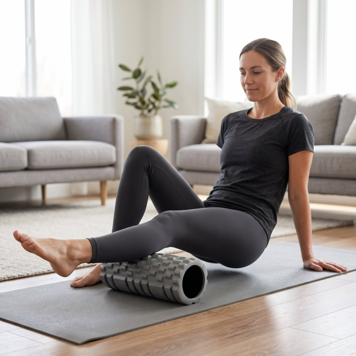 Woman with the gray FasciaFlow textured roller under one calf on a mat