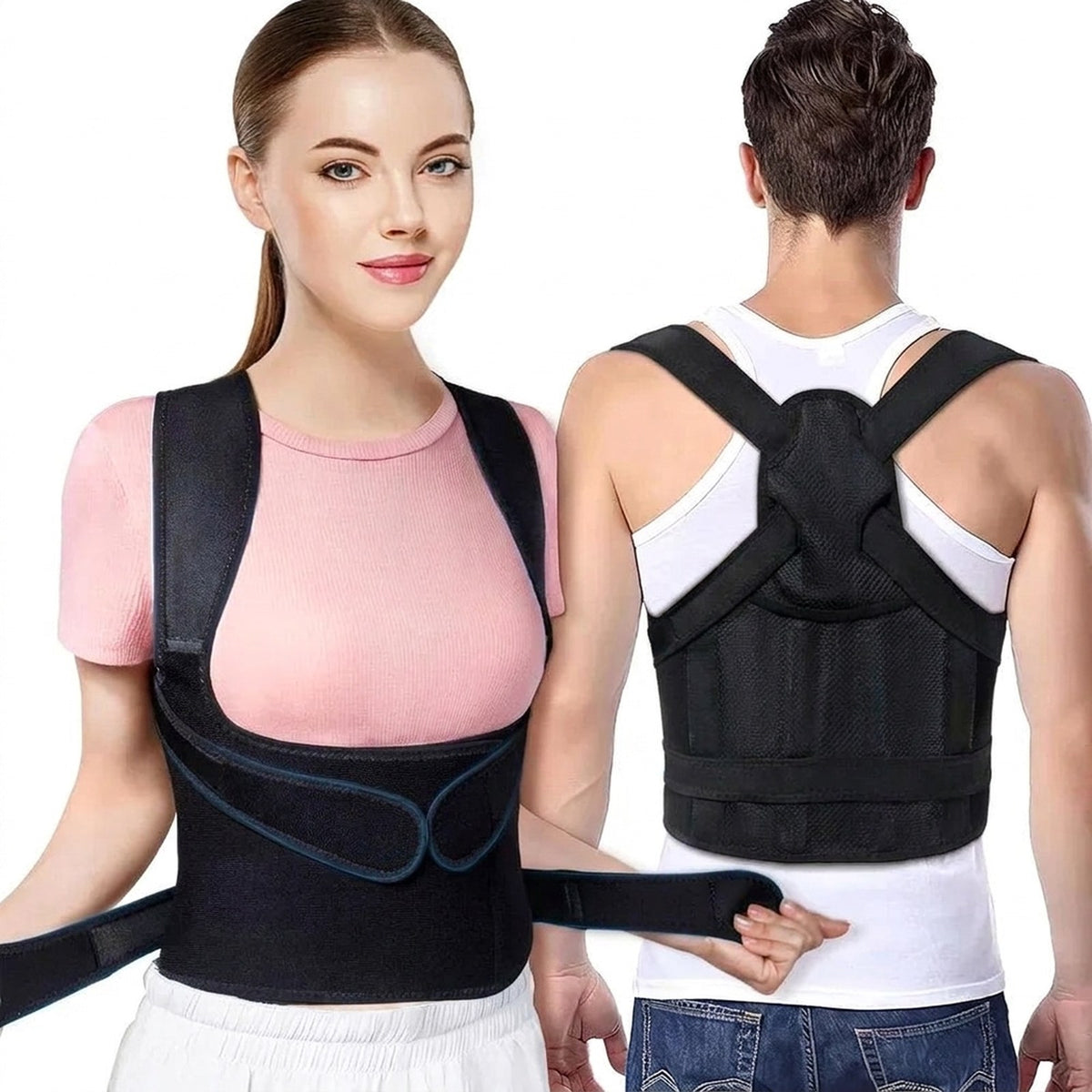FlexBrace posture brace shown from the front on a woman and from the back on a man