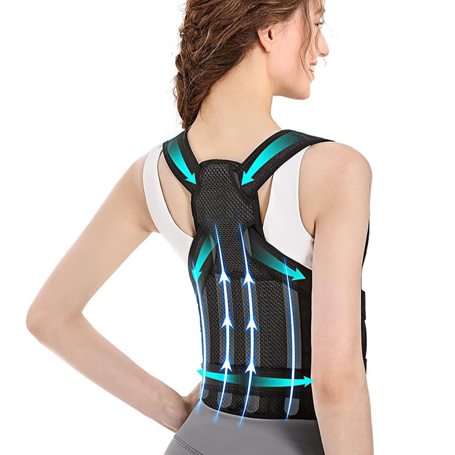 FlexBrace posture corrector worn on upper back showing spine alignment support with adjustable straps