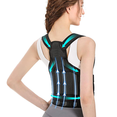 FlexBrace posture corrector worn on upper back showing spine alignment support with adjustable straps