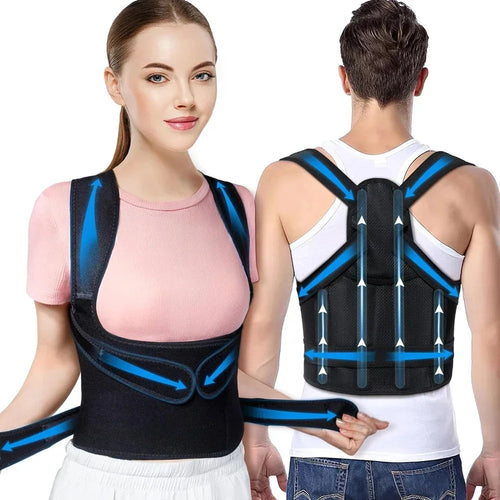 FlexBrace posture corrector front and back view showing adjustable straps and breathable mesh for neck and shoulder alignment