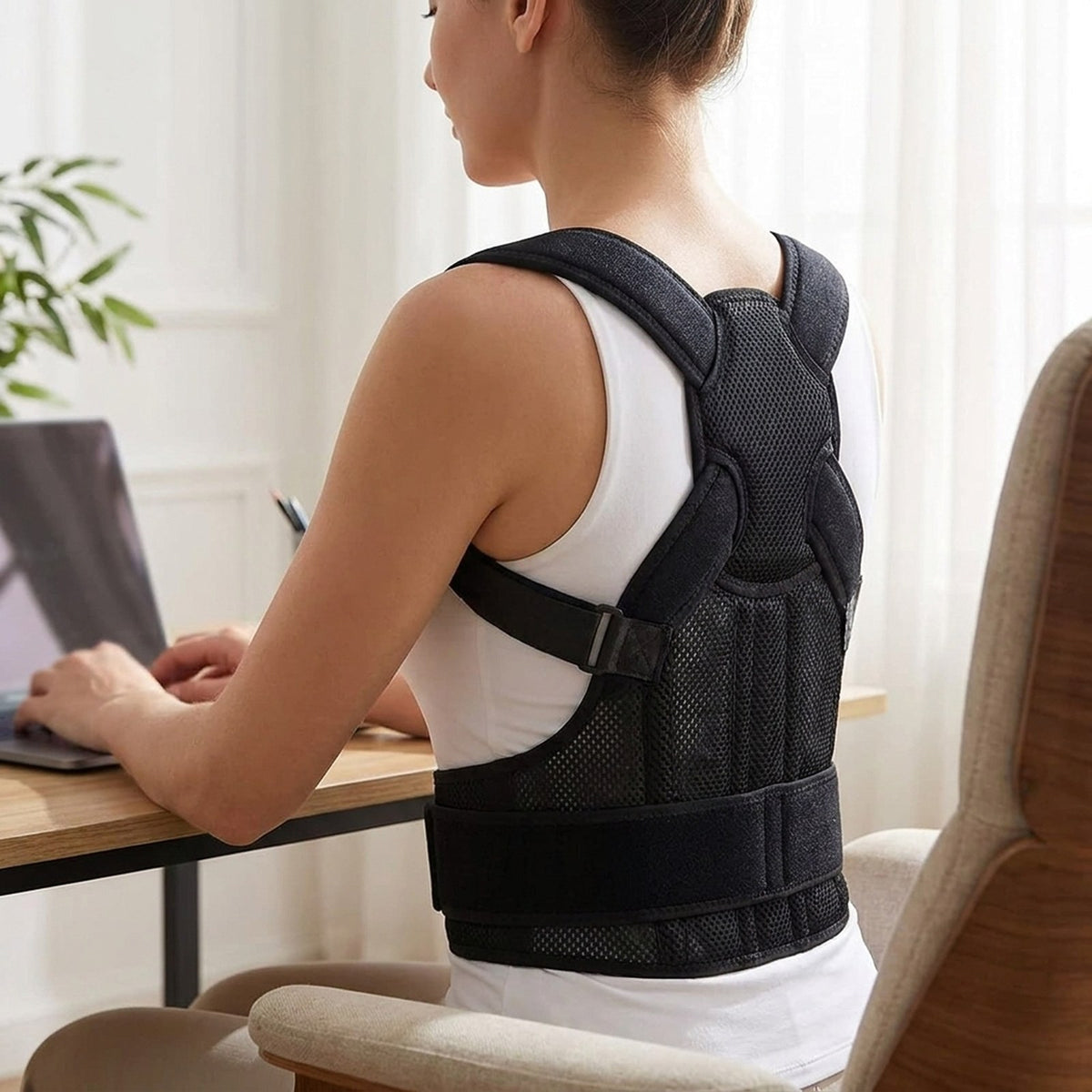 Woman working at a desk wearing the FlexBrace posture corrector over a white tank top