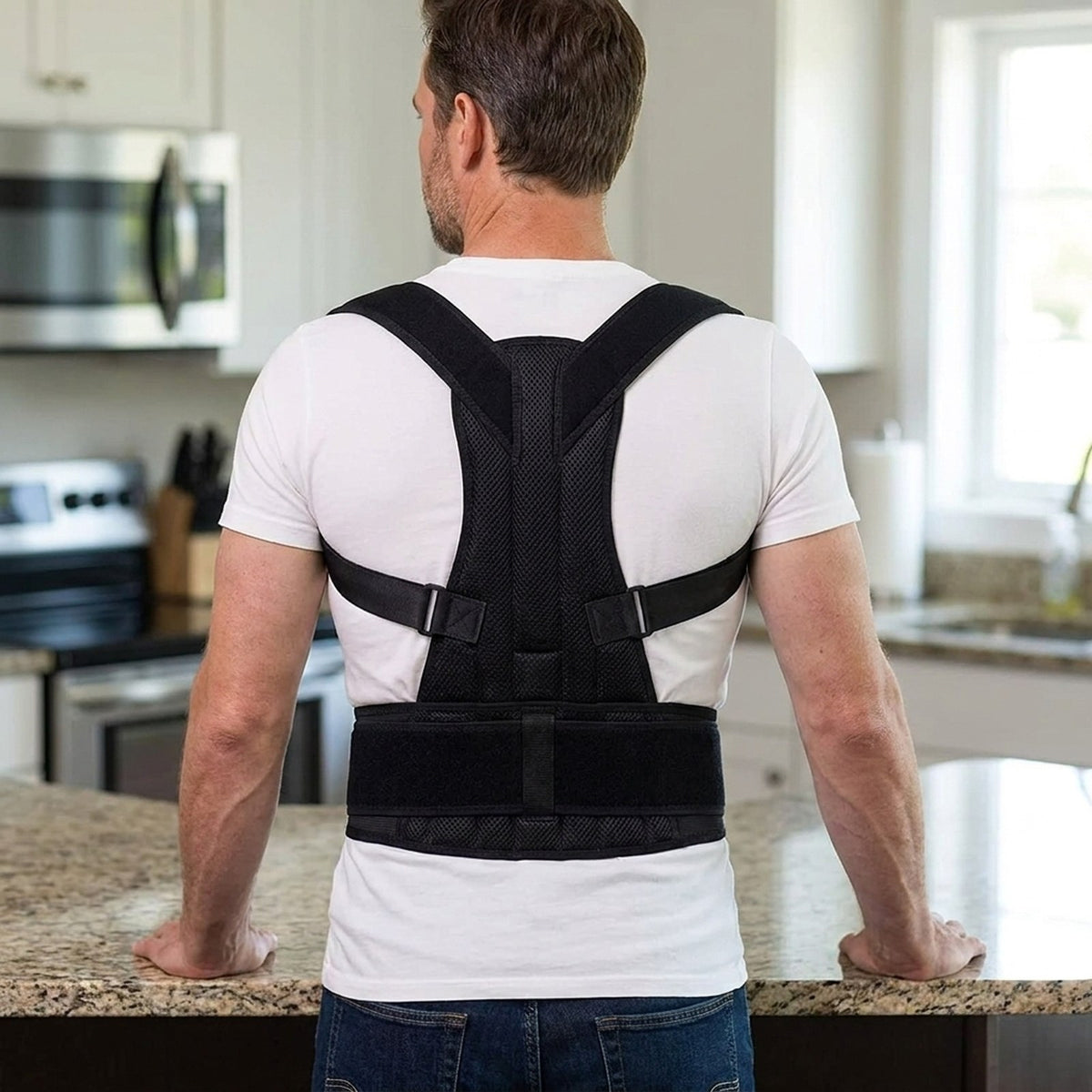 Man standing at a kitchen counter wearing the FlexBrace posture brace over a white T-shirt