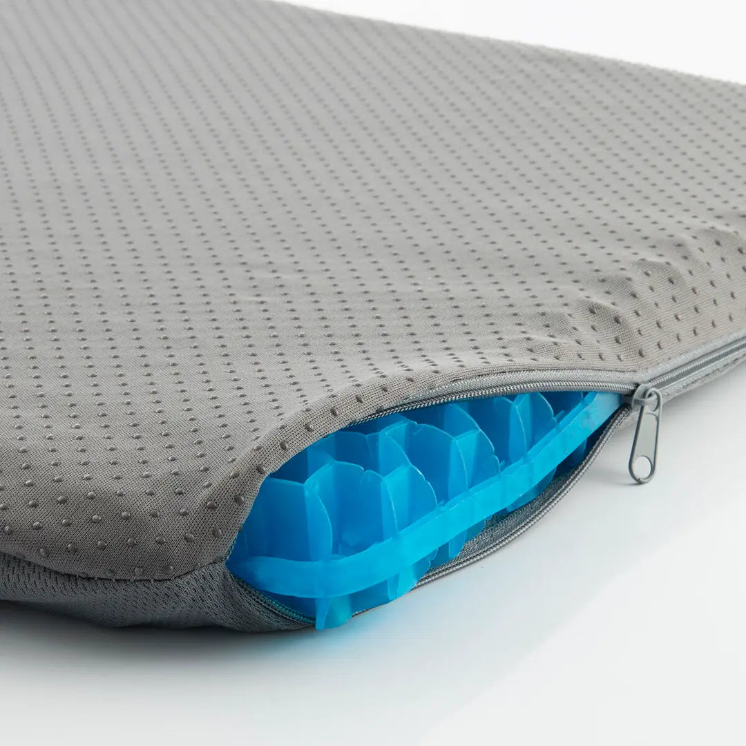 GelRelief gel seat cushion open zipper showing blue cooling gel honeycomb interior for comfort