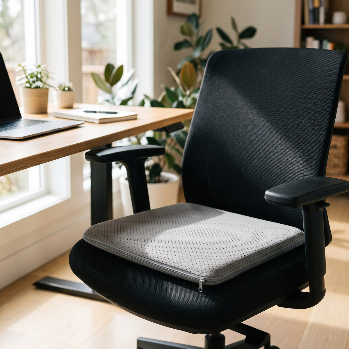 Slim CombRest honeycomb seat cushion with its gray cover on a black office chair