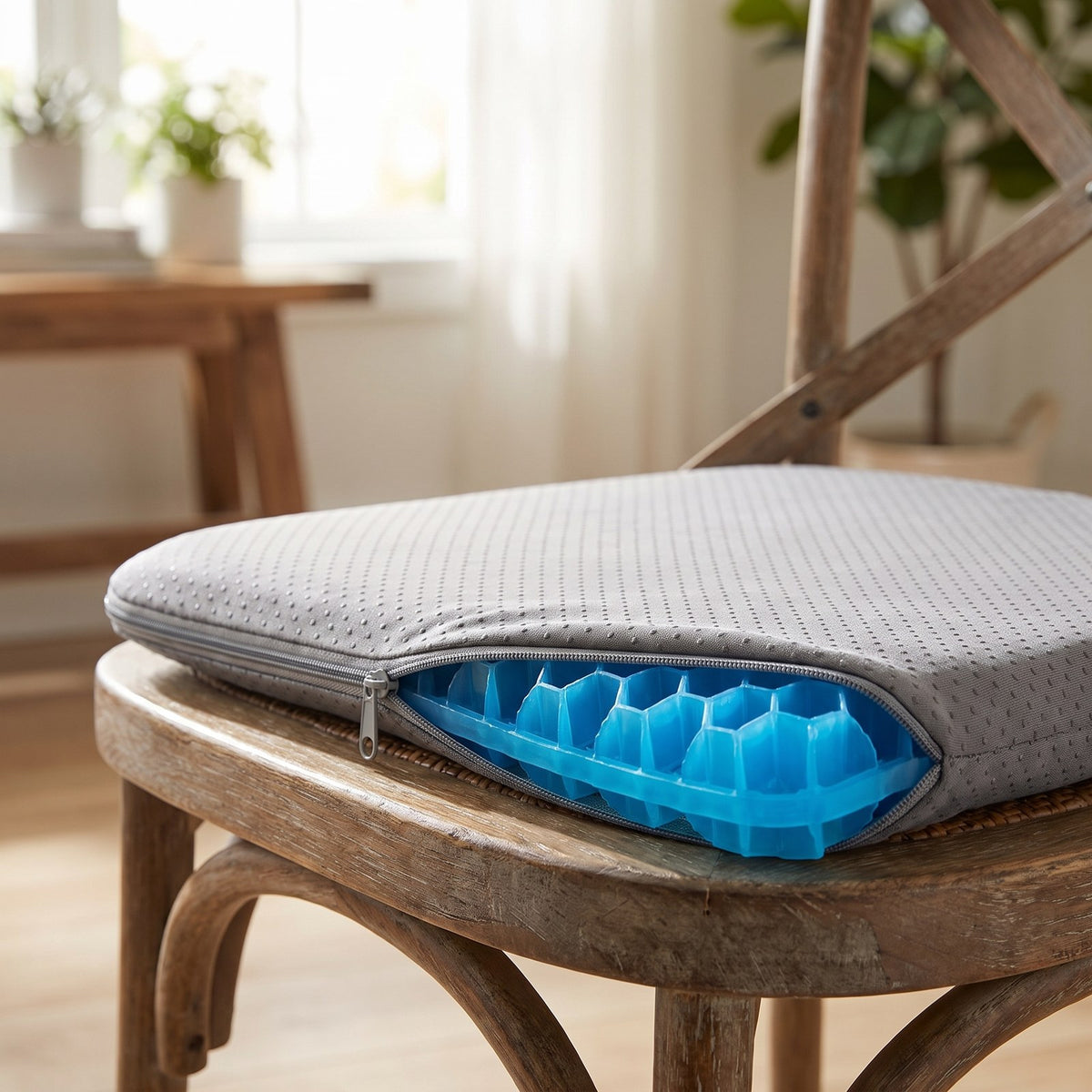CombRest cushion with the gray cover half unzipped, showing the honeycomb grid inside