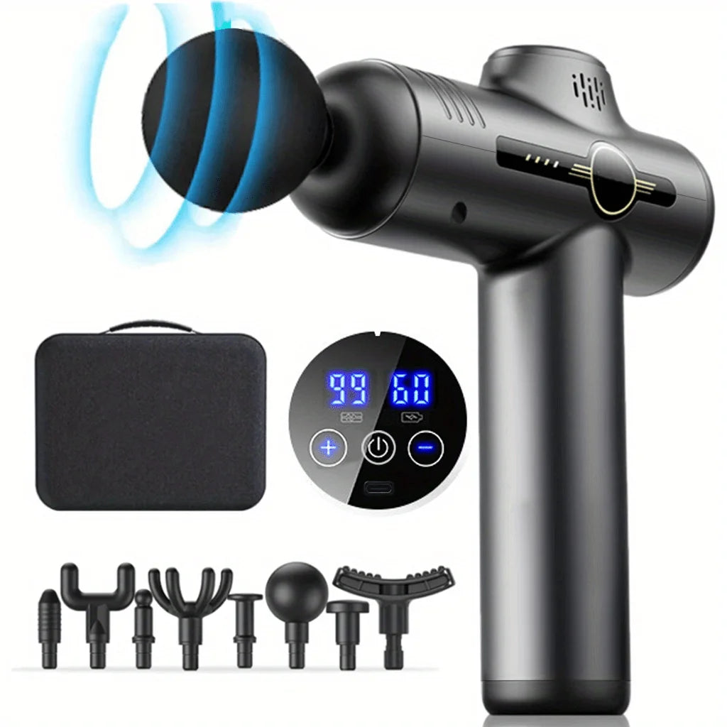 PulseEase™ Deep Tissue Percussion Massage Gun — 30 Speeds — main view with carry case + 7 attachments