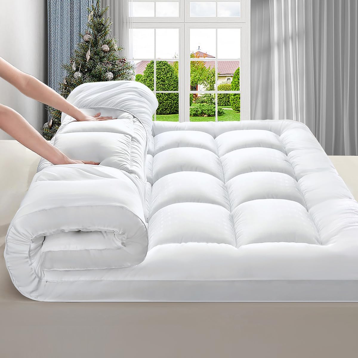 CloudQuilt™ Cooling Pillow-Top Mattress Topper — placing the topper on a mattress