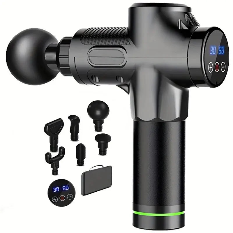 PulseEase™ Deep Tissue Percussion Massage Gun — 30 Speeds — detail view with LED display + 6 heads
