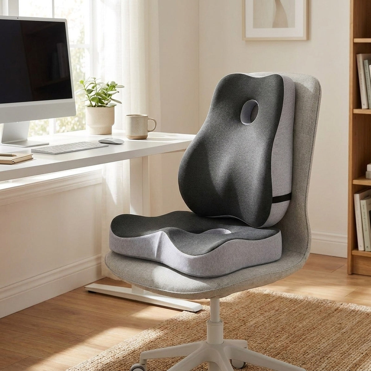 PostureFrame seat cushion and back cushion on a light gray office chair