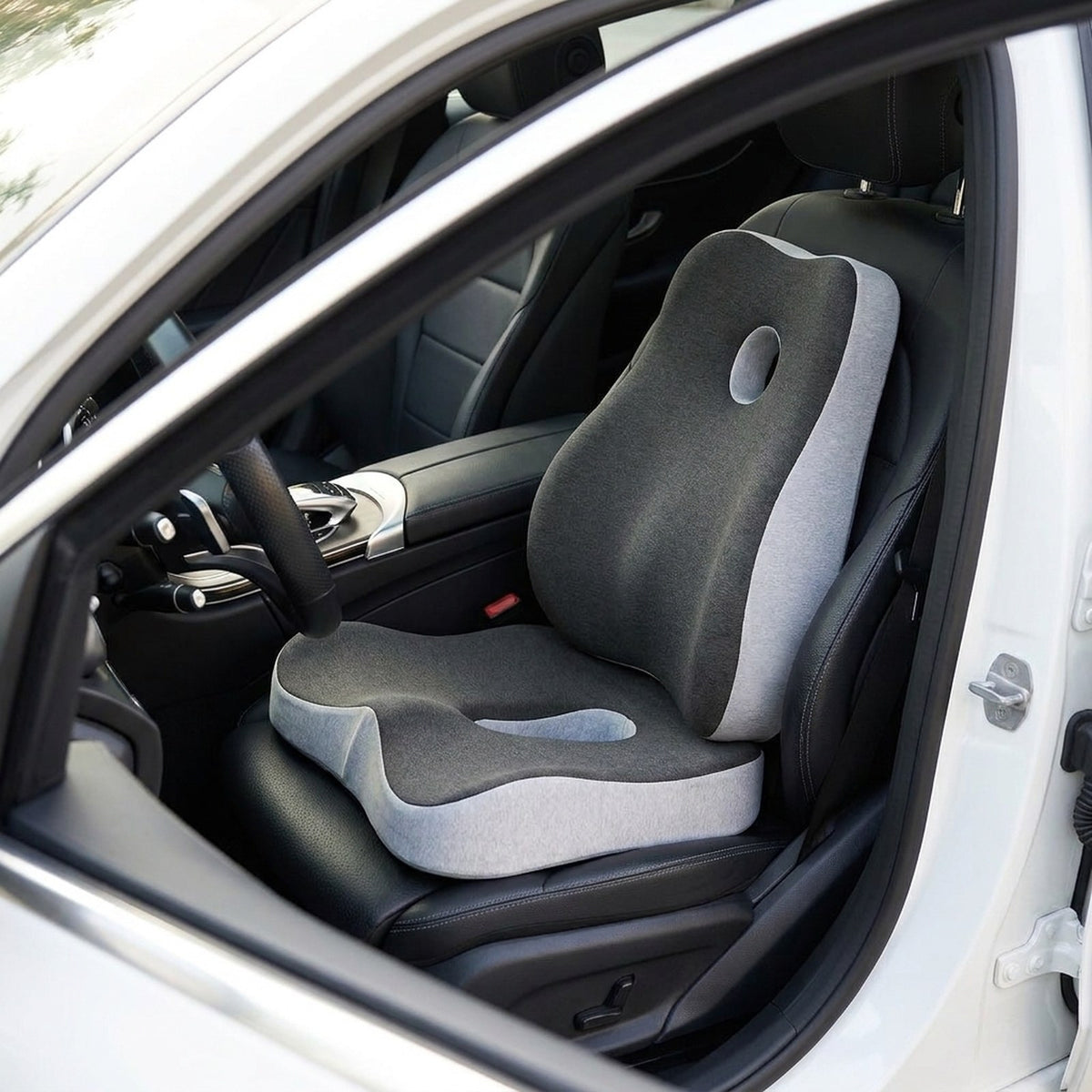 PostureFrame seat cushion and back cushion on a car driver's seat