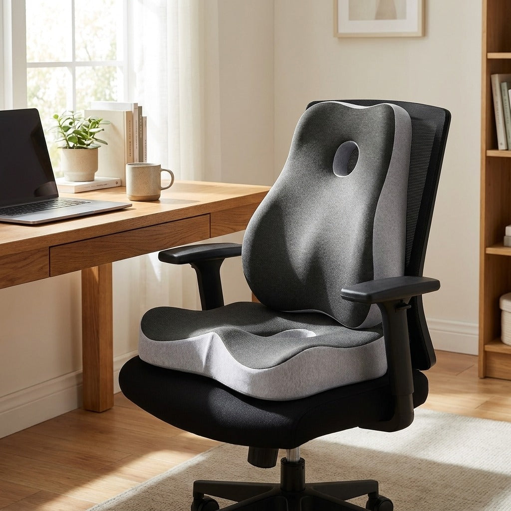PostureFrame seat cushion and back cushion fitted on a black office chair at a home desk