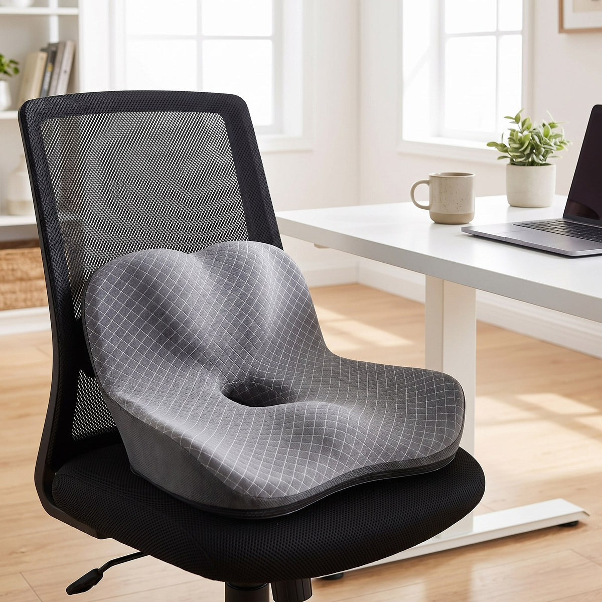 ReliefCore seat cushion with back support on a black mesh office chair at a white desk