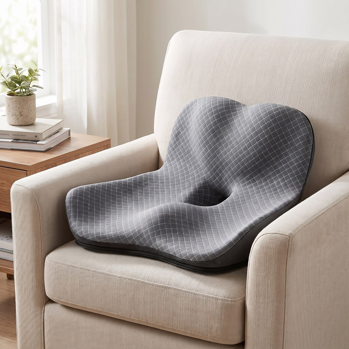ReliefCore seat cushion with back support on an upholstered armchair in a living room