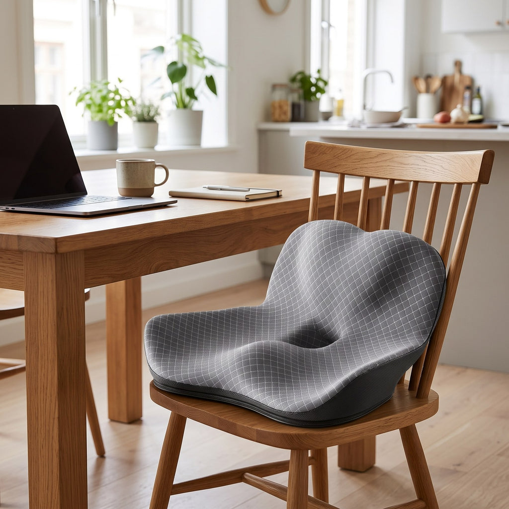 ReliefCore seat cushion with back support on a wooden dining chair at a table with a laptop