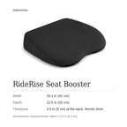 RideRise dimensions: 16.1 × 12.6 in, 3.5 in thick at the back with a thinner front