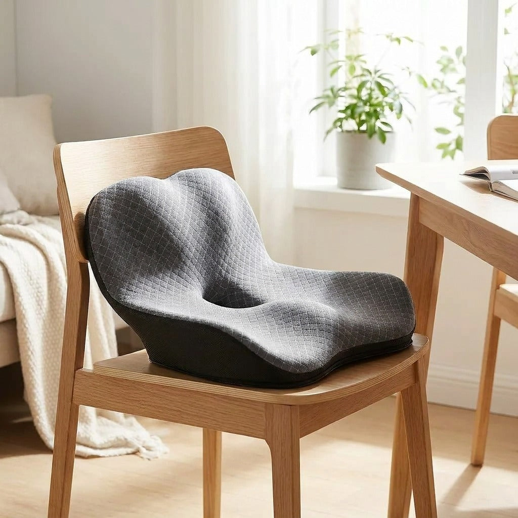 Gray ReliefCore seat cushion with built-in back support on a wooden dining chair