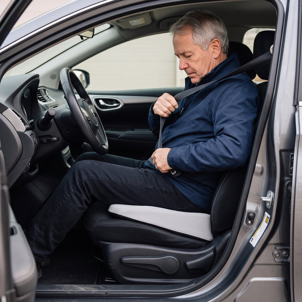 Man fastening his seat belt while seated on a gray RideRise booster cushion