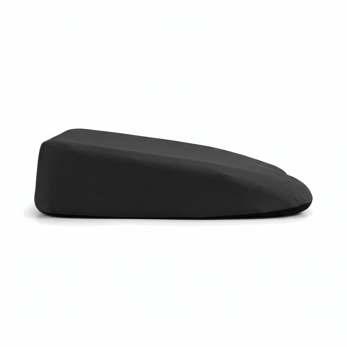 Side view of the black RideRise cushion: thick at the back, thinner at the front