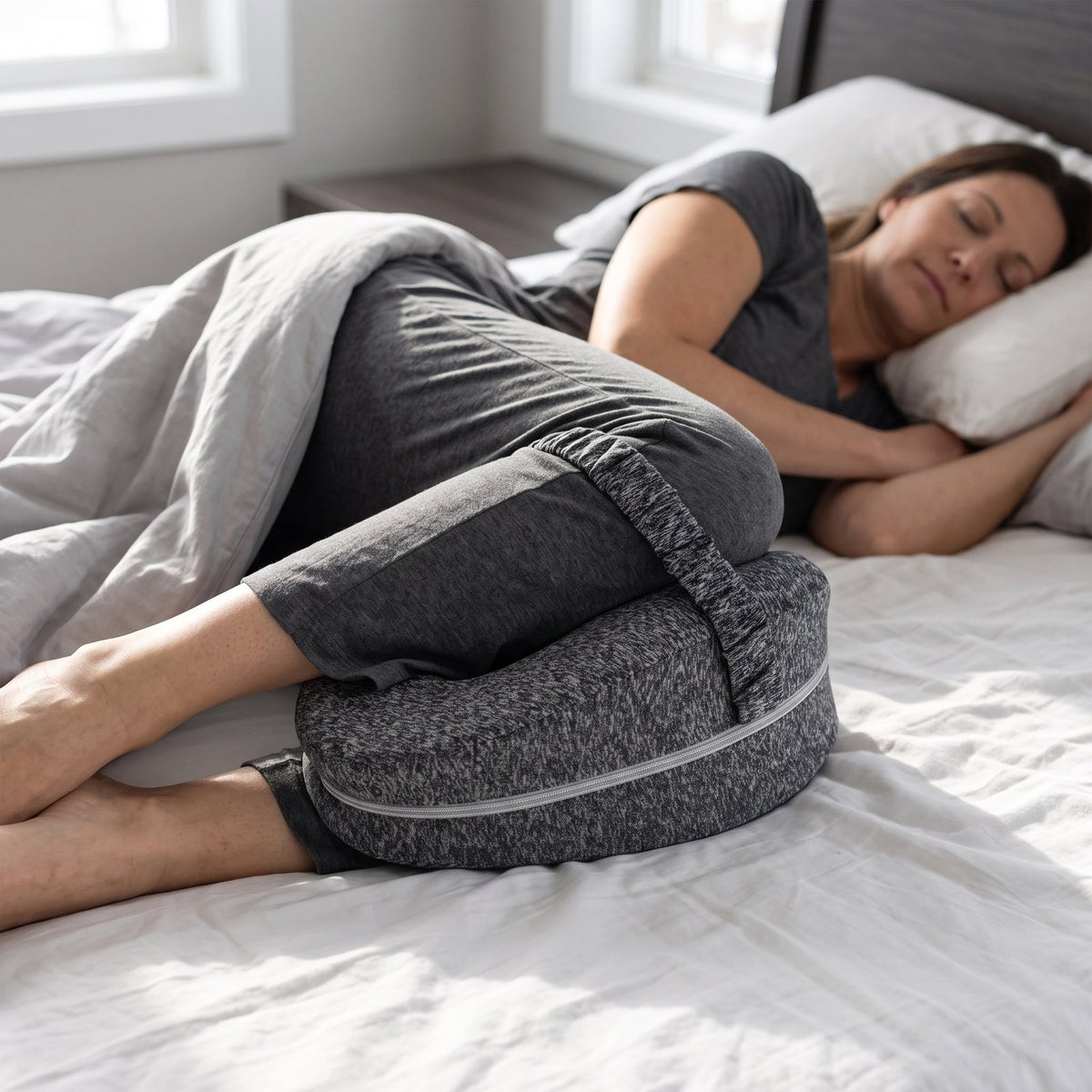 Woman asleep on her side with the gray SideAlign knee pillow between her knees and its strap around her leg