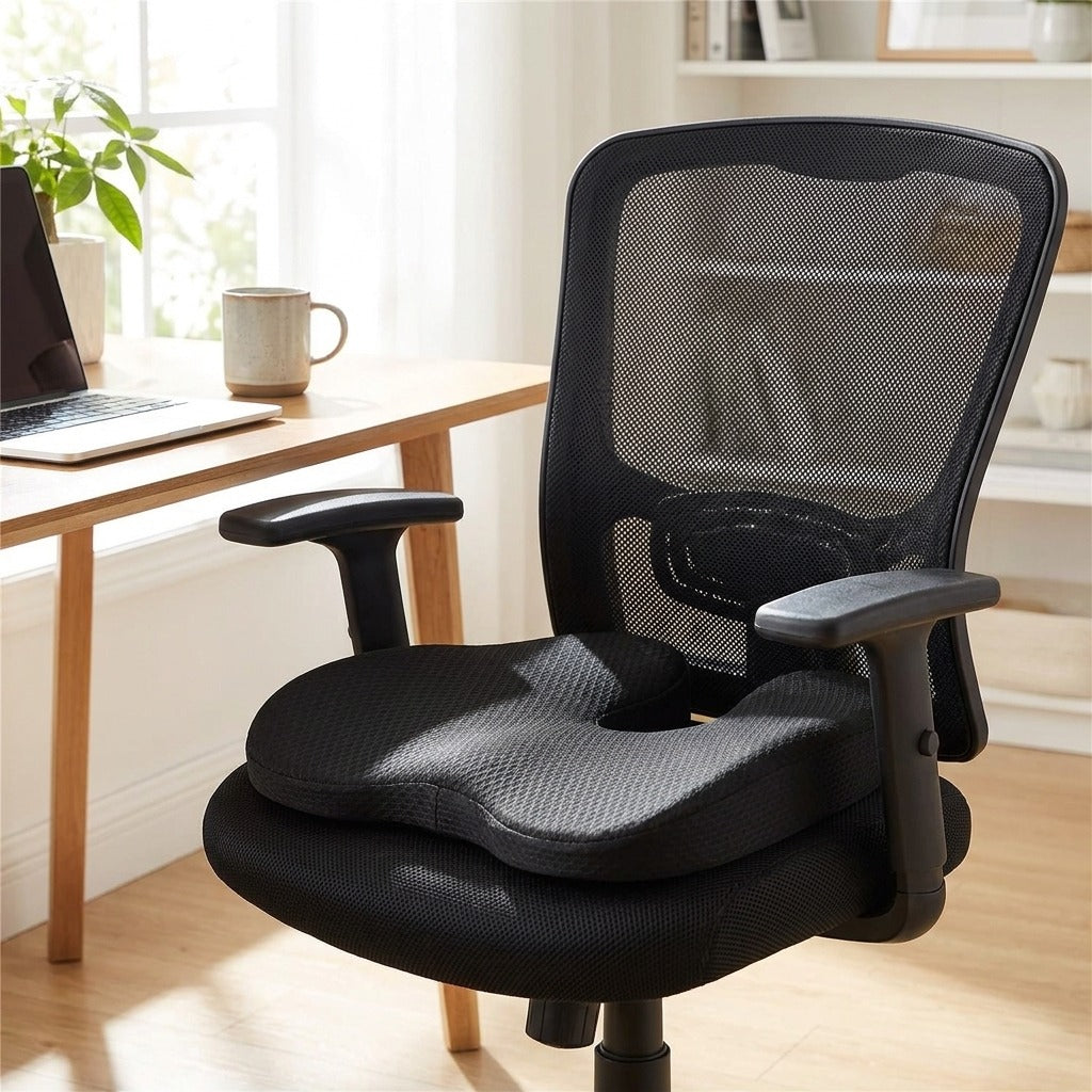 SciatiGuard U-cut seat cushion in black on an office chair