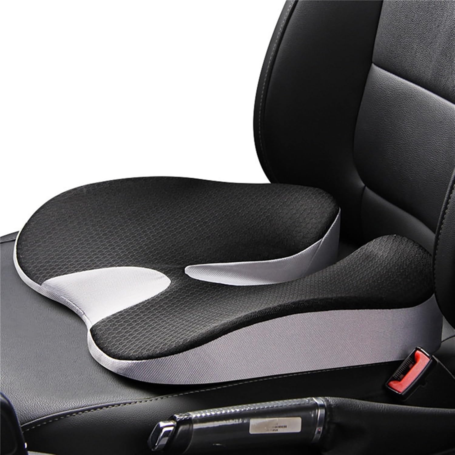 SciatiGuard sciatica seat cushion with contoured ergonomic design placed on car seat for sciatic nerve relief