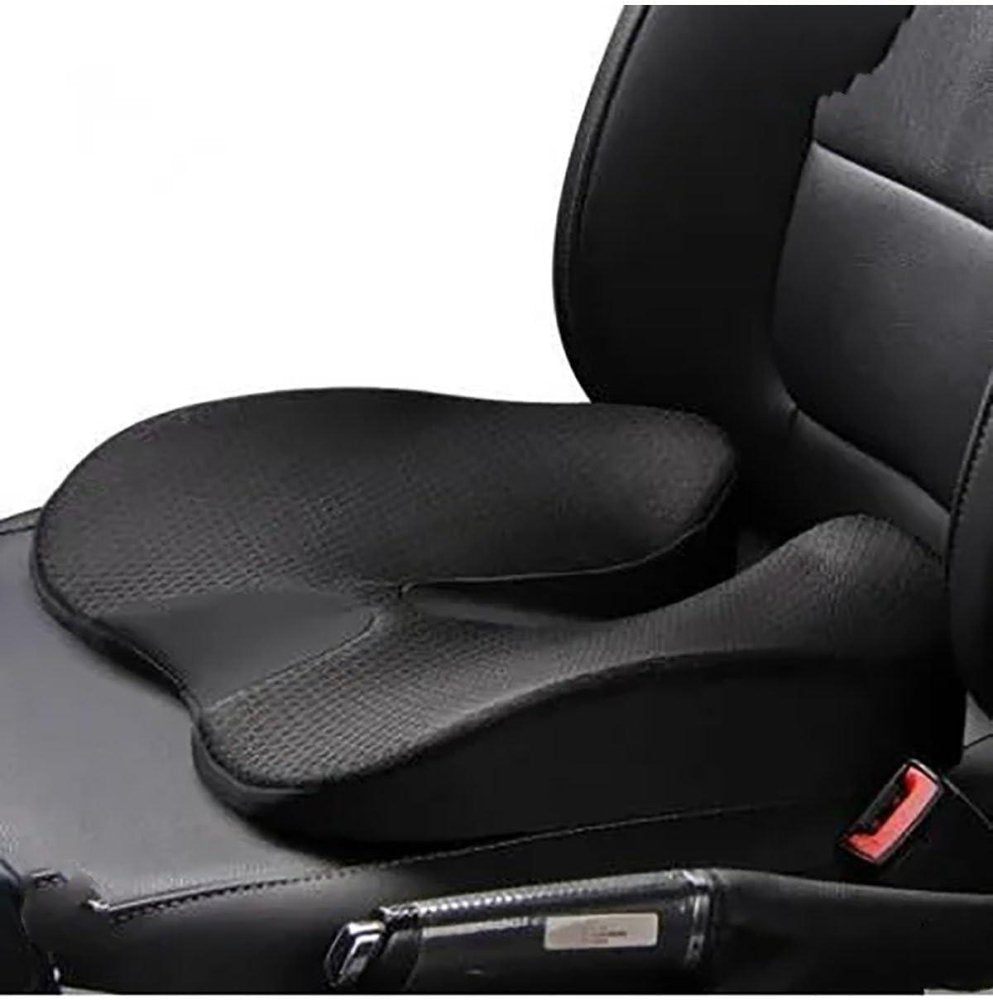 SciatiGuard sciatica cushion side profile on car seat showing dual-layer memory foam and ergonomic contour