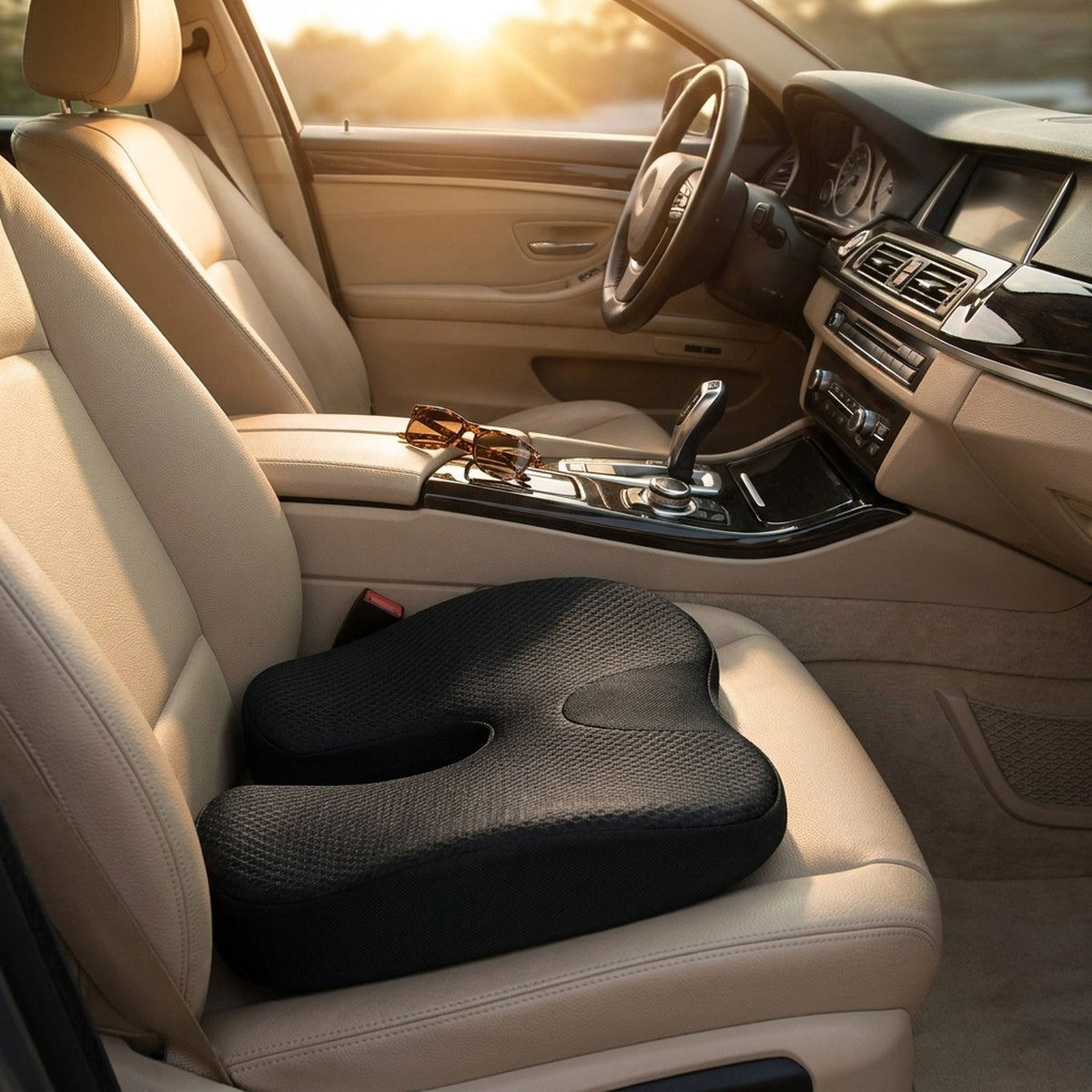 Black SciatiGuard seat cushion on the beige leather driver's seat of a sedan, cutout against the backrest