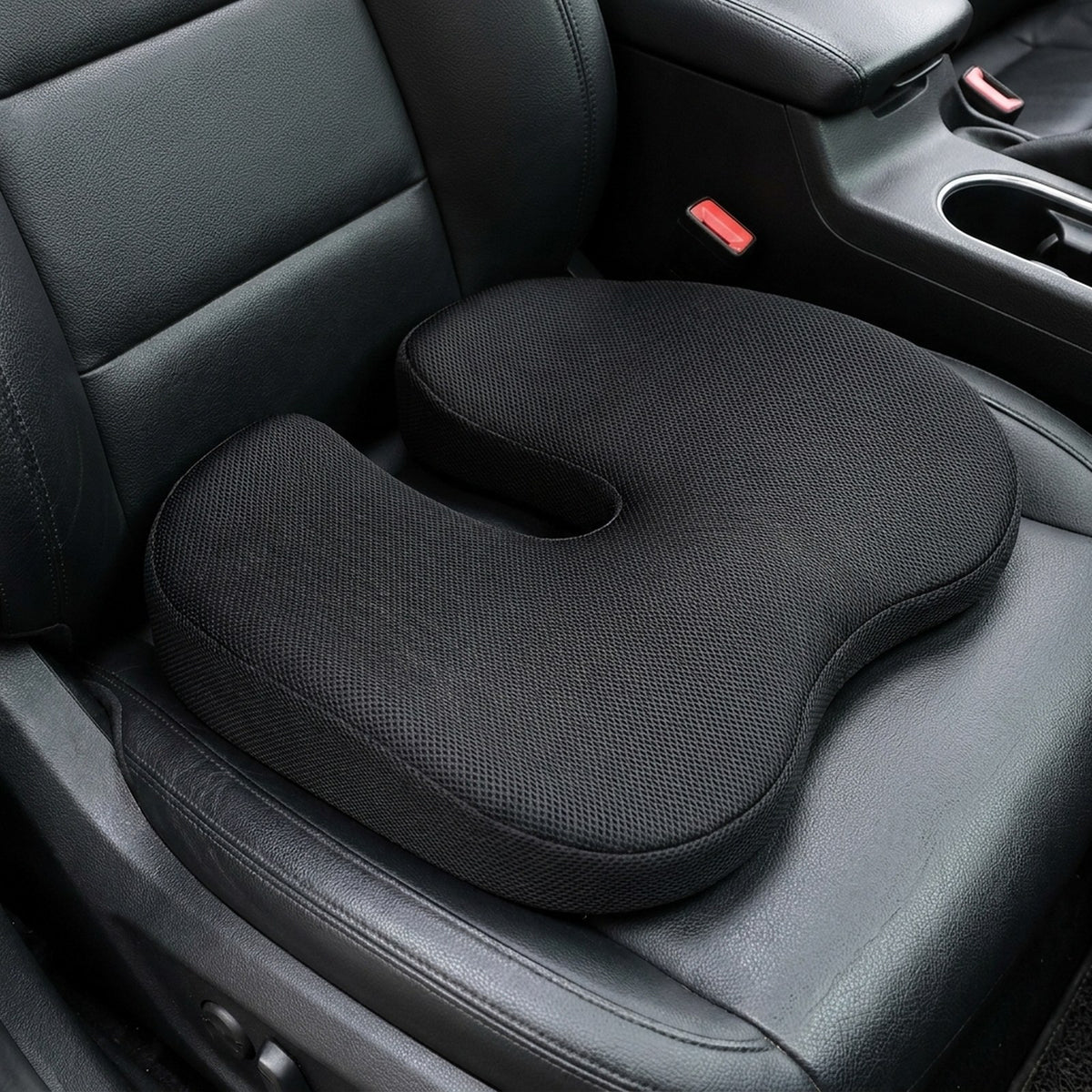 Close-up of the SciatiGuard U-cutout and mesh top on a car seat