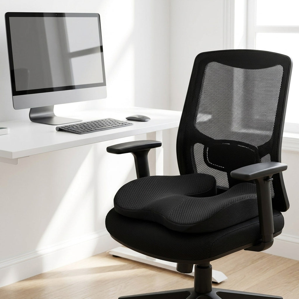 Black SciatiGuard seat cushion on a black mesh office chair