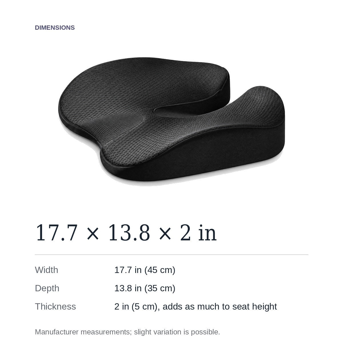 SciatiGuard dimensions: 17.7 × 13.8 in, 2 in thick